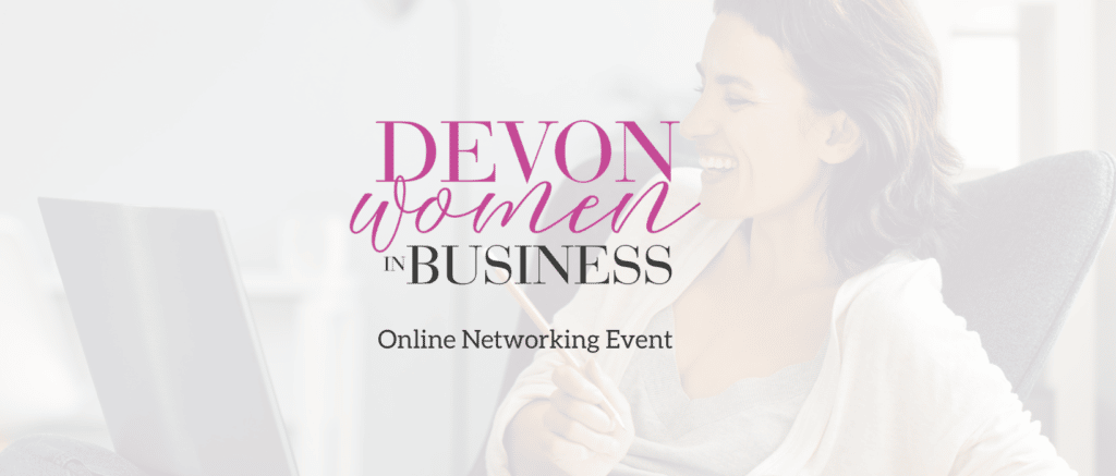 Logo: Devon Women In Business Text: Online Networking Event Background image: a woman smiling and looking at a computer screen, holding a pencil.