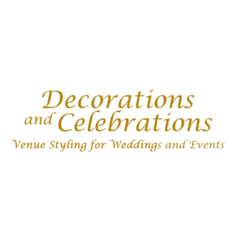 Logo: Lettering in gold italic script.Decorations and Celebrations Venue Styling for Weddings and Events
