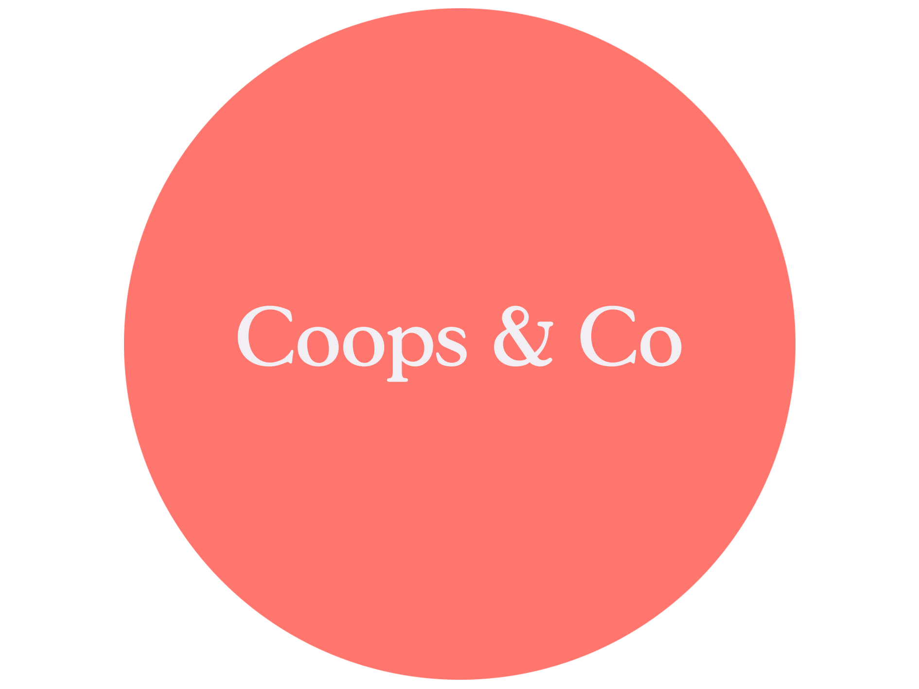 Logo: Coops & Co in white on a soft pink dics.