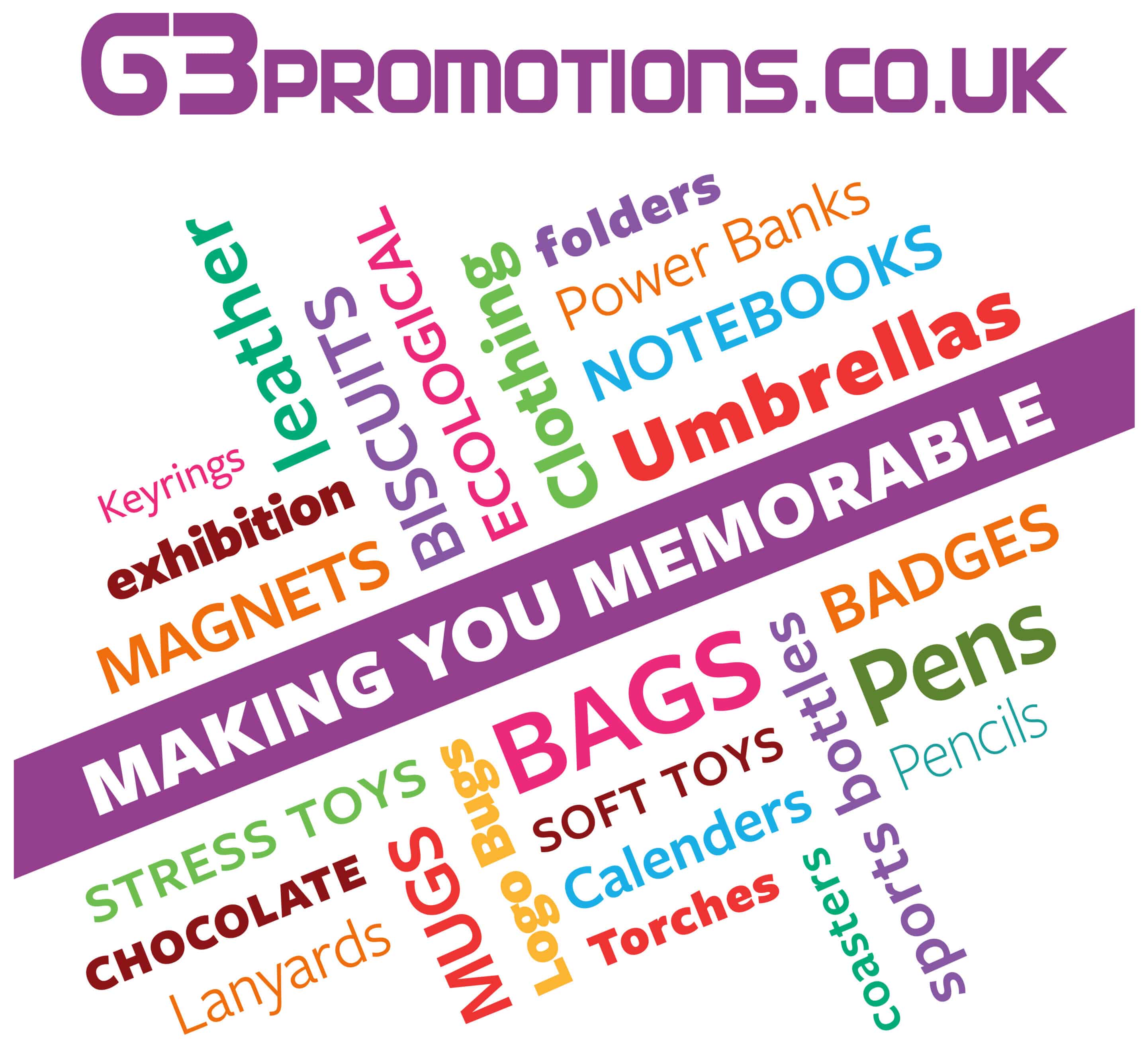 Word cloud in multiple colours featuring promo merchandise items. Title G3 PROMOTIONS.CO.UK Banner: MAKING YOU MEMORABLE