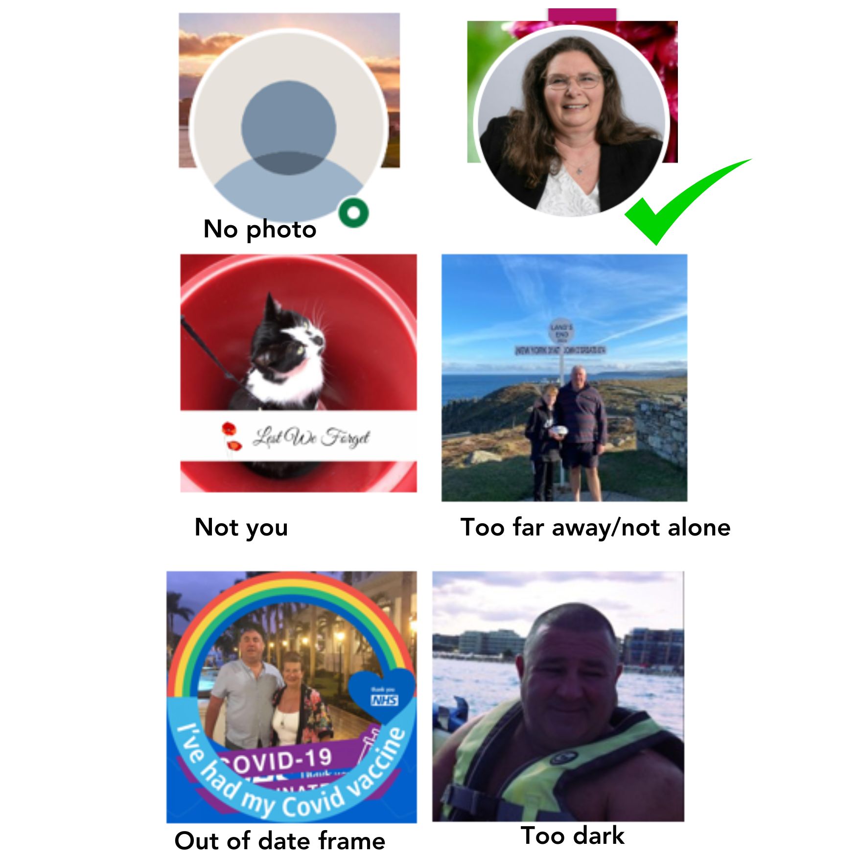 6 profile pics in a collage showing common mistakes.