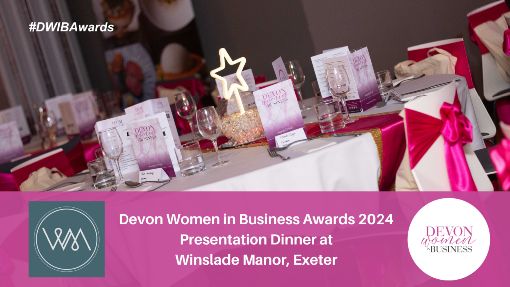 Table set up for the DWIB Awards 2024 at Winslade Manor. Devon Women in Business.