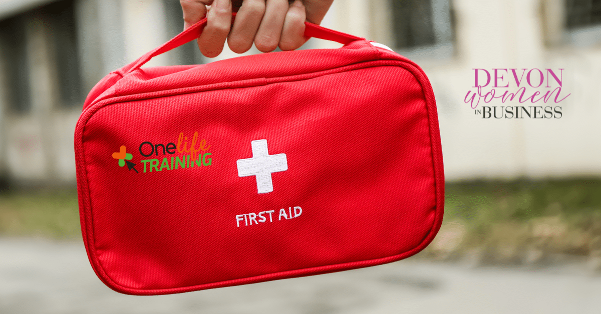 First Aid Kit in a red case with the OneLife Training logo for Devon Women in Business.