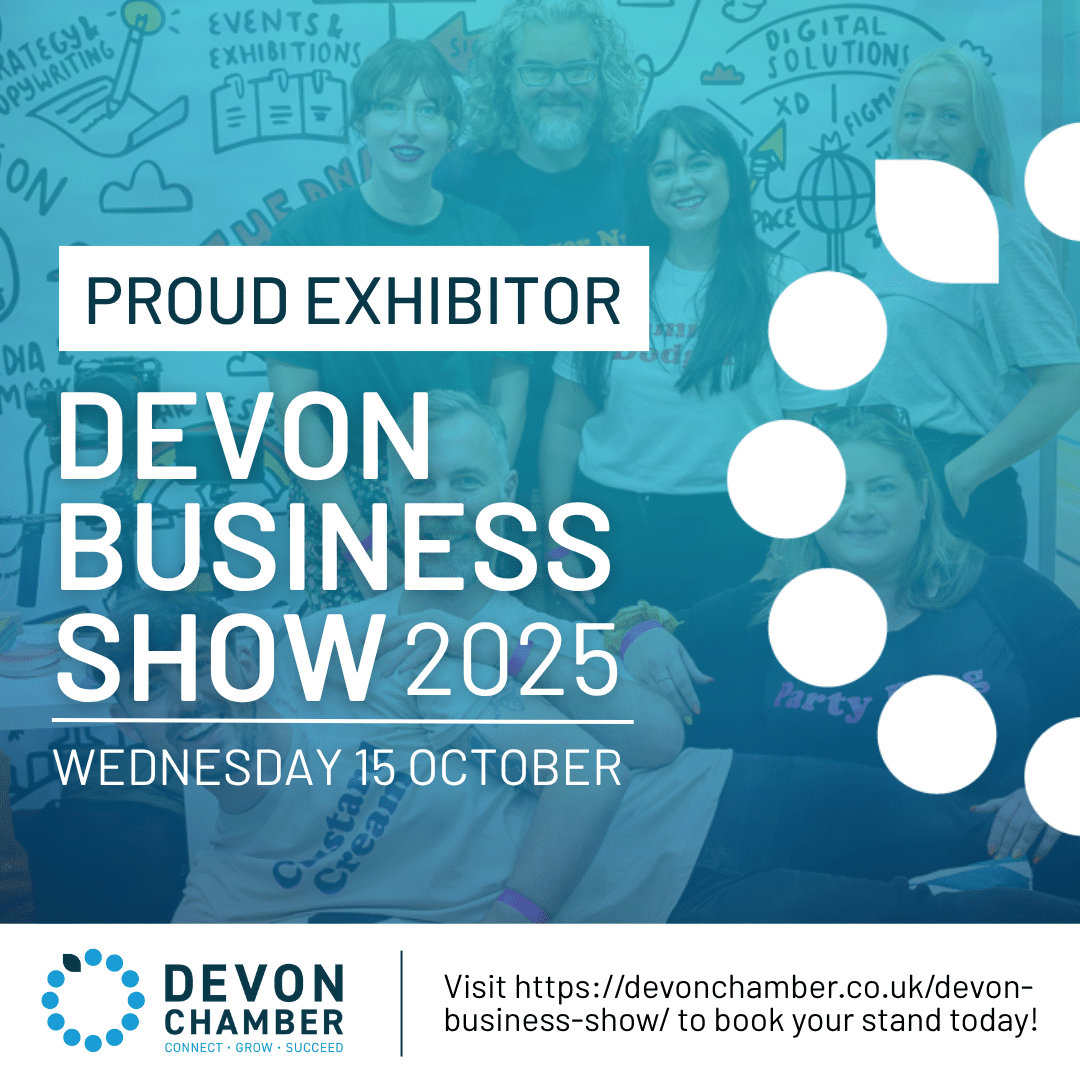 Promotional graphic for the Devon Business Show 2025. A group of smiling exhibitors pose in front of a colourful illustrated wall. Overlaid text reads: 'Proud Exhibitor – Devon Business Show 2025 – Wednesday 15 October'. The Devon Chamber logo and website link to book a stand are at the bottom.