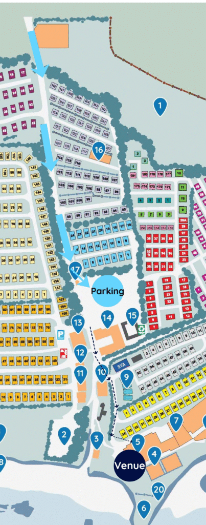 Map of Ladram Bay Holiday Park with arrows showing the way to the car park