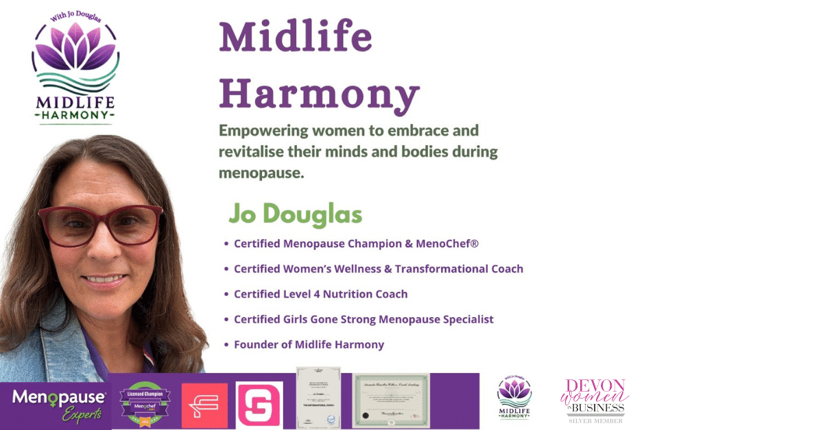 Image of Jo Douglas from Midlife Harmony and her credentials.