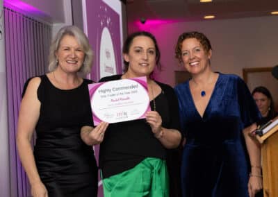 Louise Jenner and sponsor Natalie Hyson presenting Rachel Kinsella with her Highly Commended certificate in the Female Sole Trader category at the DWIB Awards 2025.