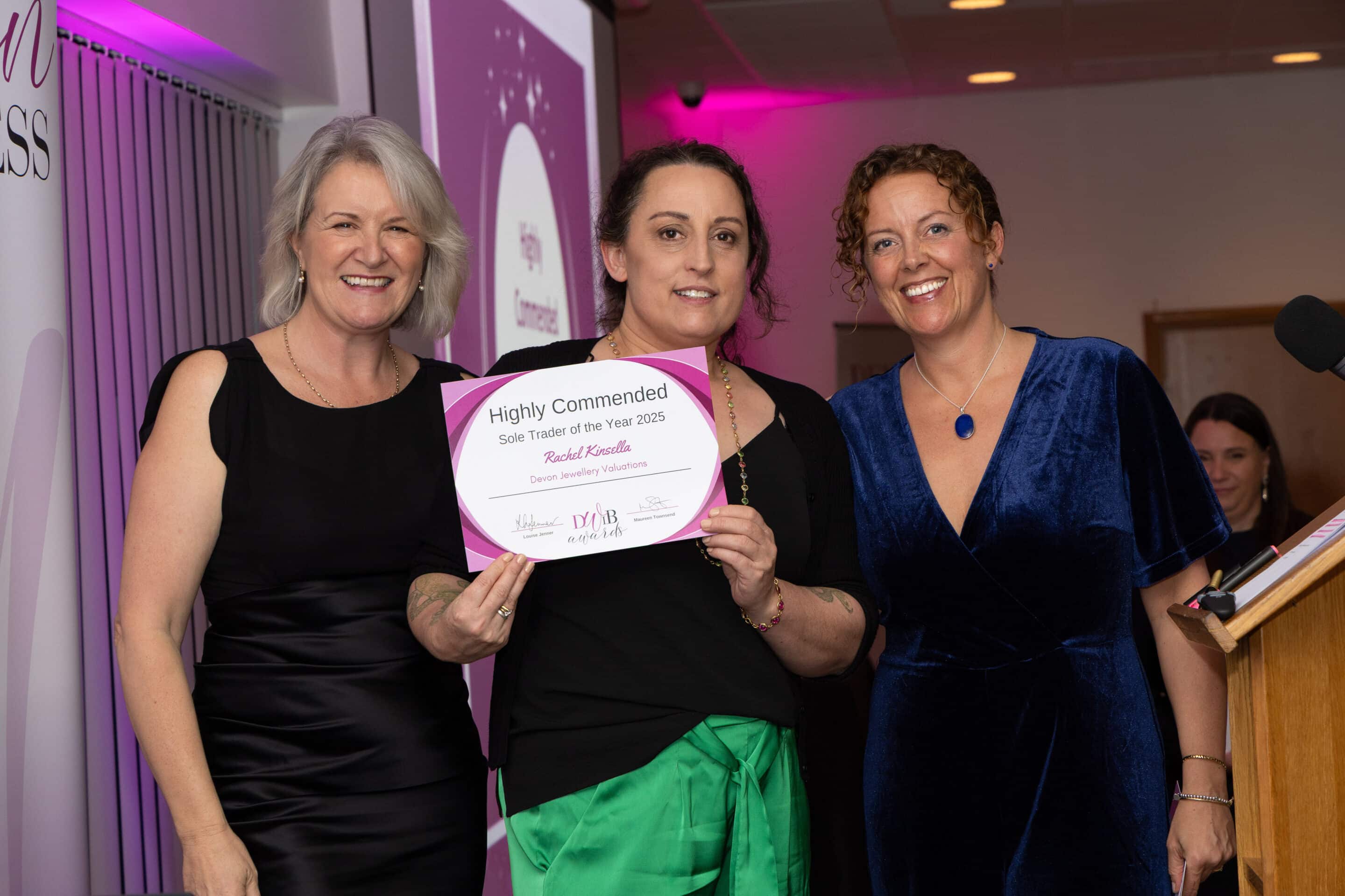 Louise Jenner and sponsor Natalie Hyson presenting Rachel Kinsella with her Highly Commended certificate in the Female Sole Trader category at the DWIB Awards 2025.