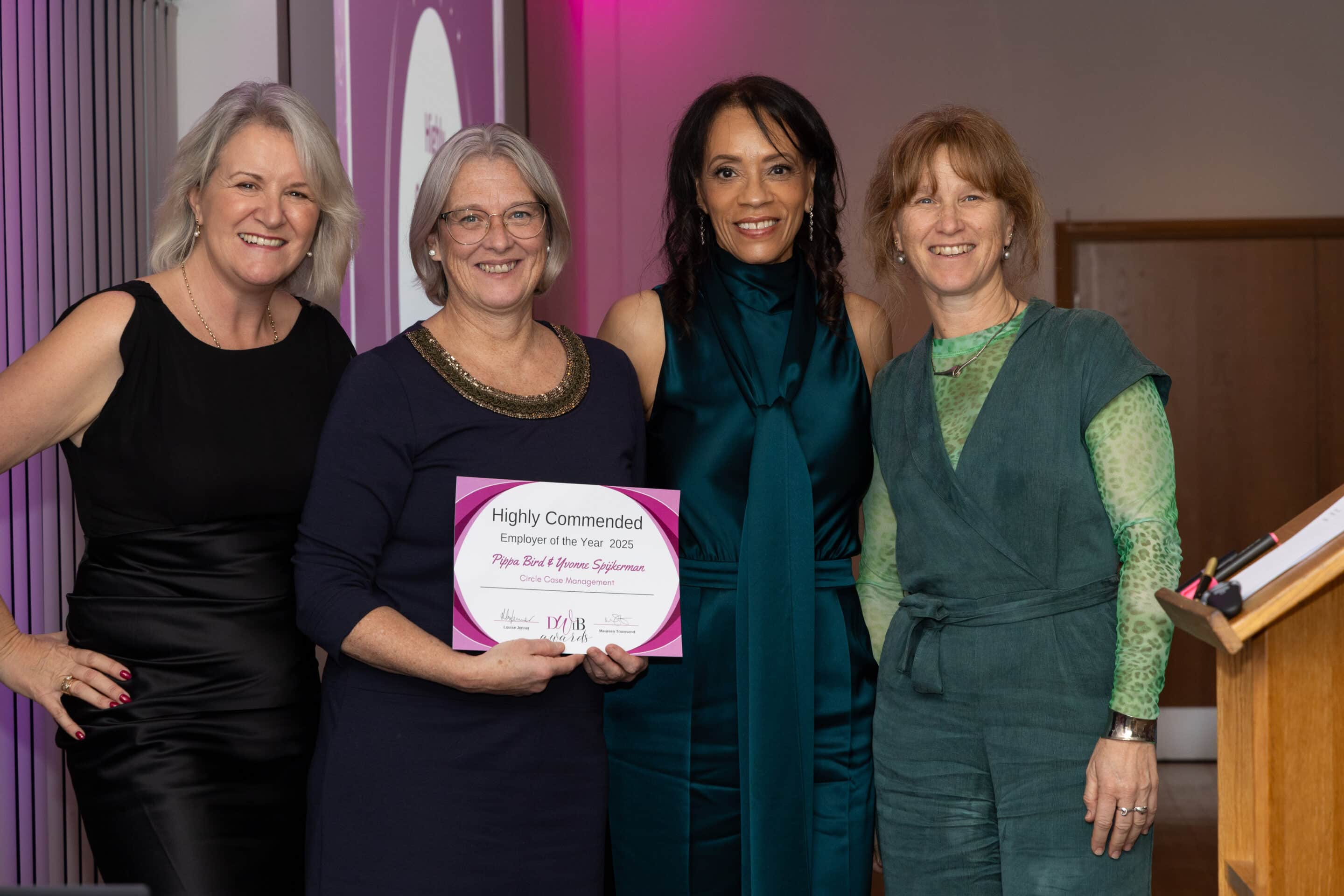 Louise Jenner and Margaret Oscar present Tanya Rowe with her DWIB Award for winning Employer of the Year 2025.