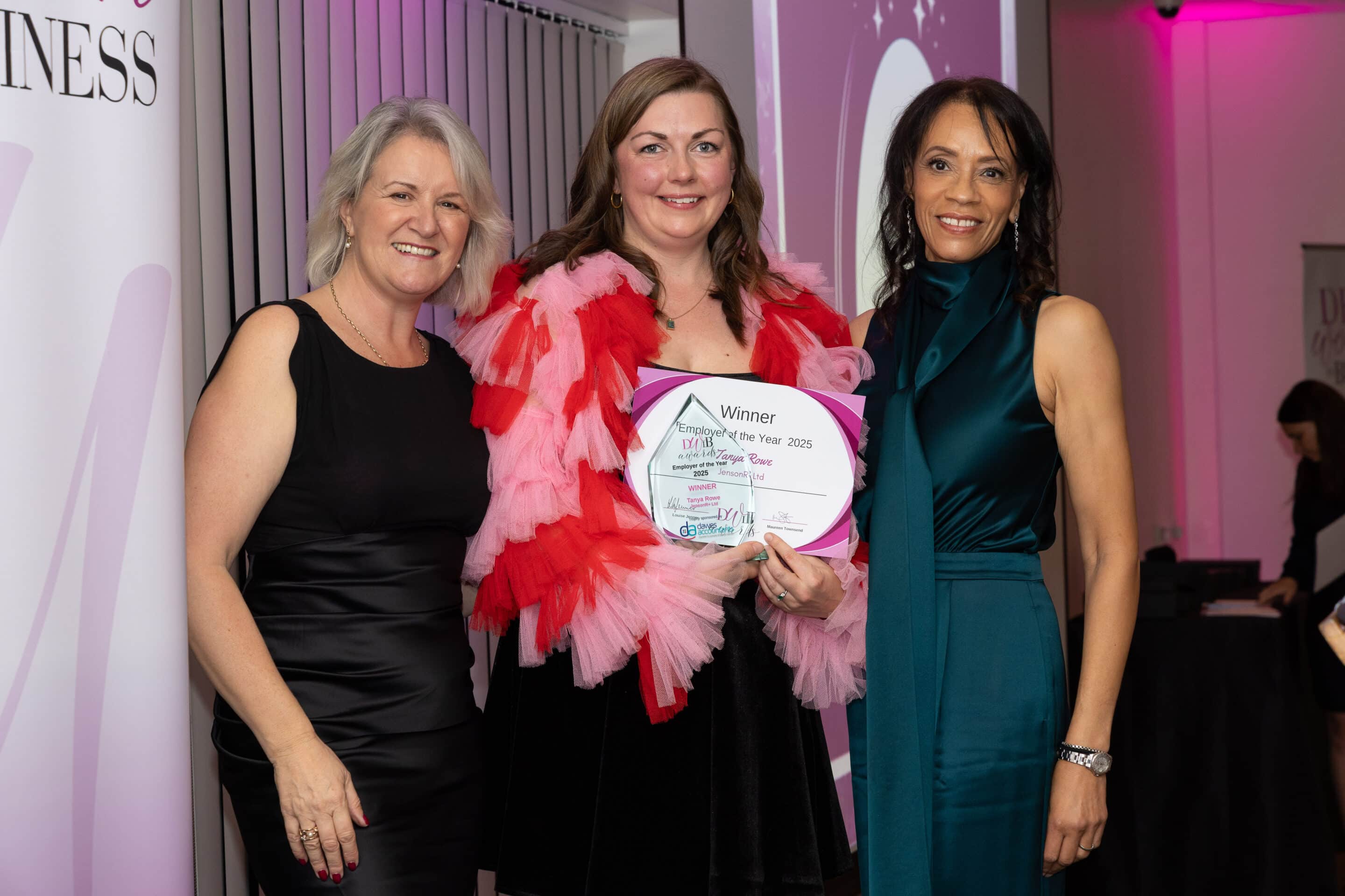 Louise Jenner and Margaret Oscar present Tanya Rowe with her DWIB Award for winning Employer of the Year 2025.