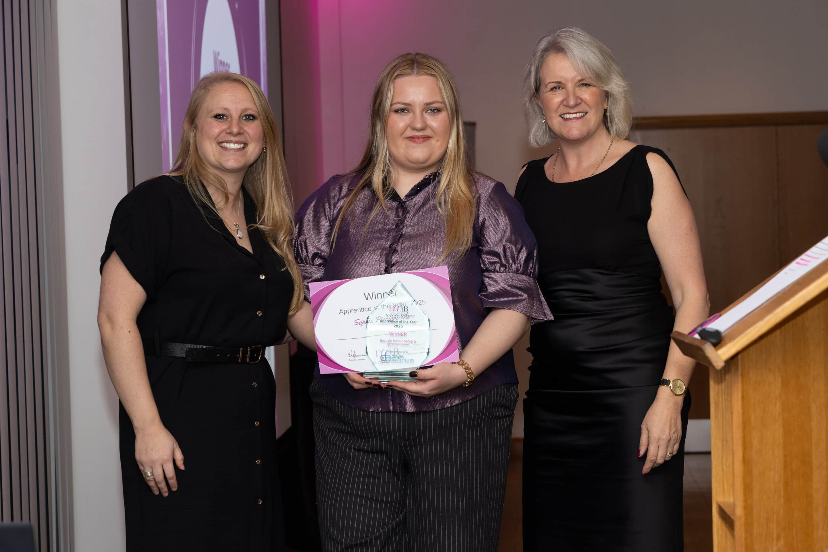 Katy Hensby and Louise Jenner present the DWIB award for Apprentice of the Year 2025 to Sophie Piccioni-Vero