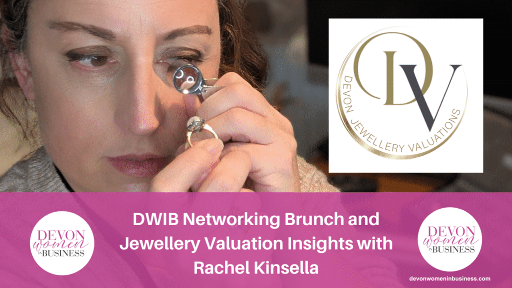 Rachel Kinsella, inspecting a vintage ring through her gemmologist's glass. Promoting the DWIB Networking Brunch and Jewellery Valuation Insights event at Dartington Hall for Devon Women in Business.