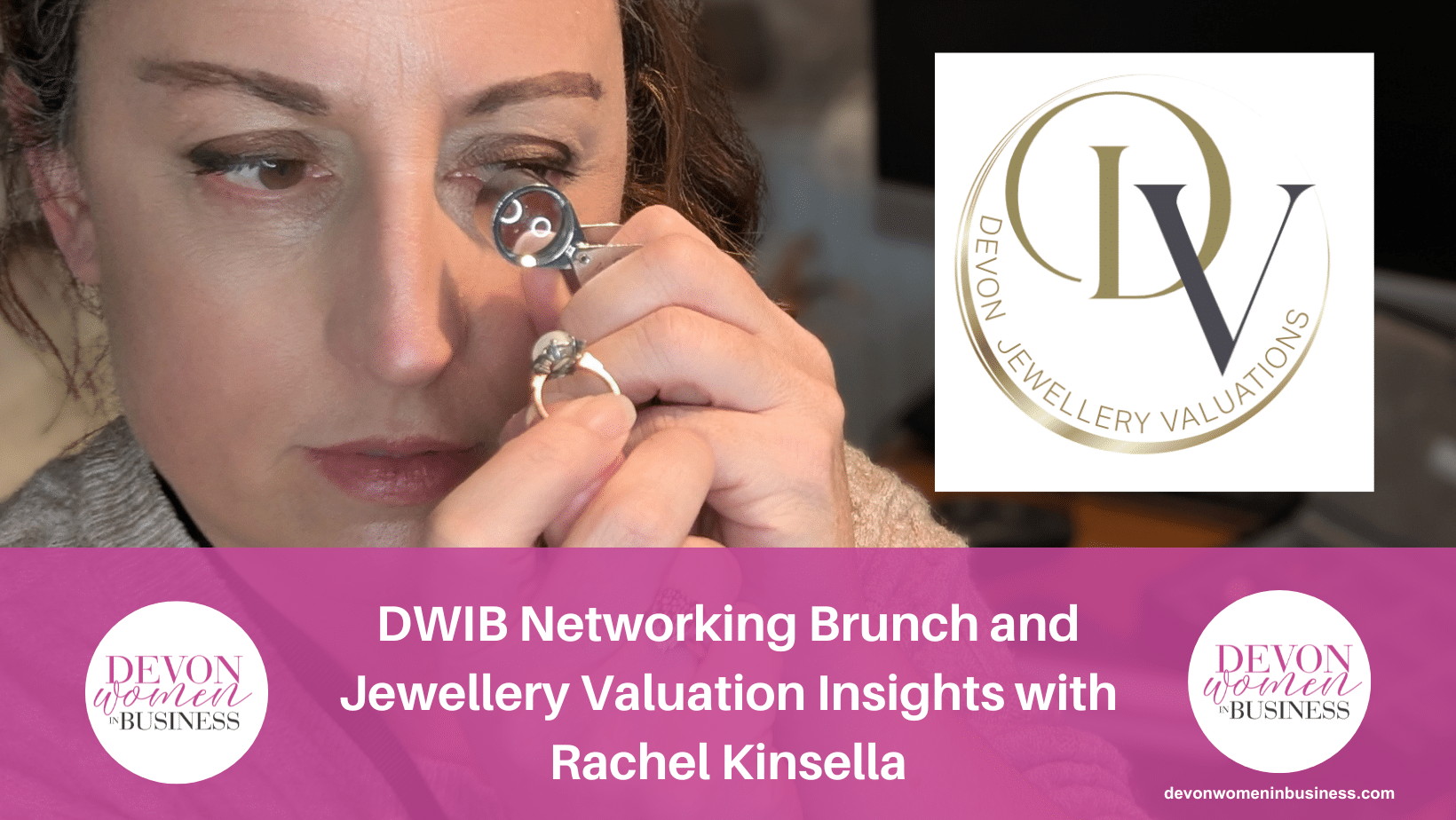 Rachel Kinsella, inspecting a vintage ring through her gemmologist's glass. Promoting the DWIB Networking Brunch and Jewellery Valuation Insights event at Dartington Hall for Devon Women in Business.