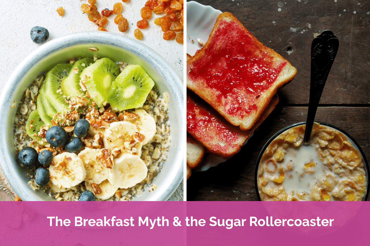 Breakfast foods displayed side by side, including fruit, oats and nuts alongside toast with jam and cereal, illustrating how different breakfast choices can affect energy levels and blood sugar balance.