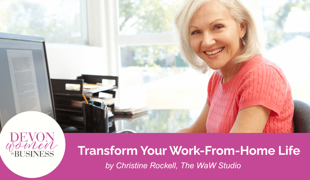 Smiling woman in orange t-shirt, sitting at a desk in a bright home office, smiling towards the camera beside a computer workstation. Banner promoting a Devon Women in Business article, "Transform Your Work-From-Home Life", featuring practical tips for improving wellbeing, productivity, and workspace design By Christine Rockell.