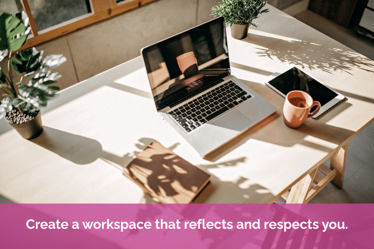 Bright, organised home office with a laptop, coffee mug, tablet, and houseplants on a tidy desk, showing how a well-designed workspace can support wellbeing and productivity.